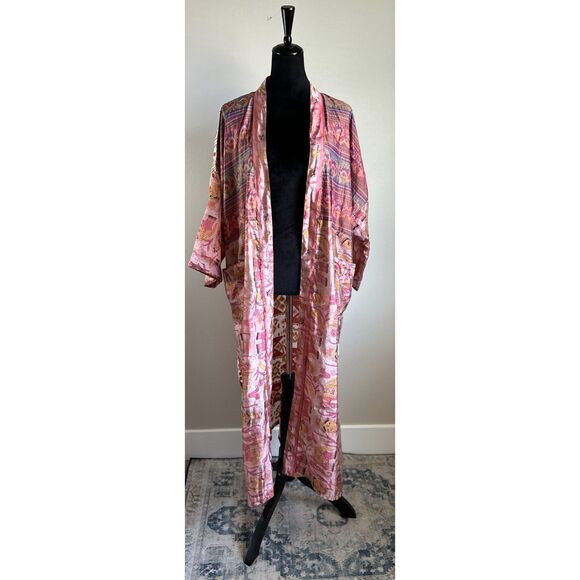 Full Length Patchwork Print Silky Boho Kimono Robe Topper One Size - Picture 1 of 6